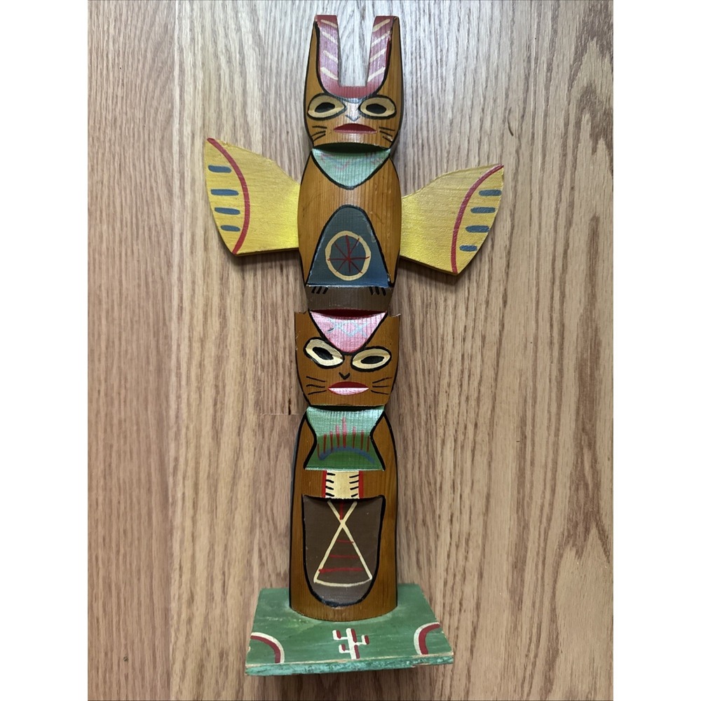 Vintage 1950s Wood Totem Pole Carving Painted Teepee Cactus 14" American Indian